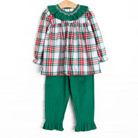 his set features a plaid print top with a green ruffle collar and dainty smocking. Coordinating green corduroy pants to match.
