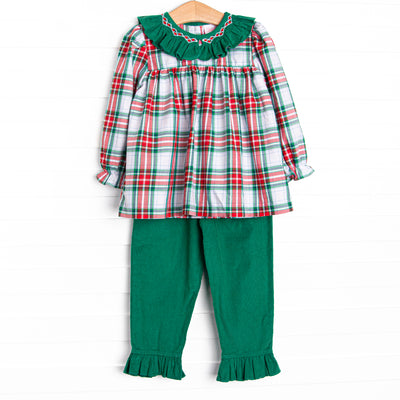 his set features a plaid print top with a green ruffle collar and dainty smocking. Coordinating green corduroy pants to match.