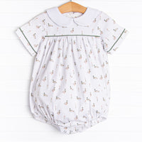 This bubble is featured in the softest knit material with mallard print and picot trim around the collar. Button closure on back and snaps on the stride.