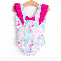 Palm Frond Flamingo One Piece, Blue