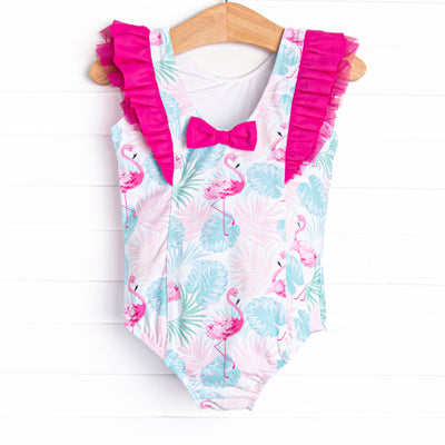 Palm Frond Flamingo One Piece, Blue
