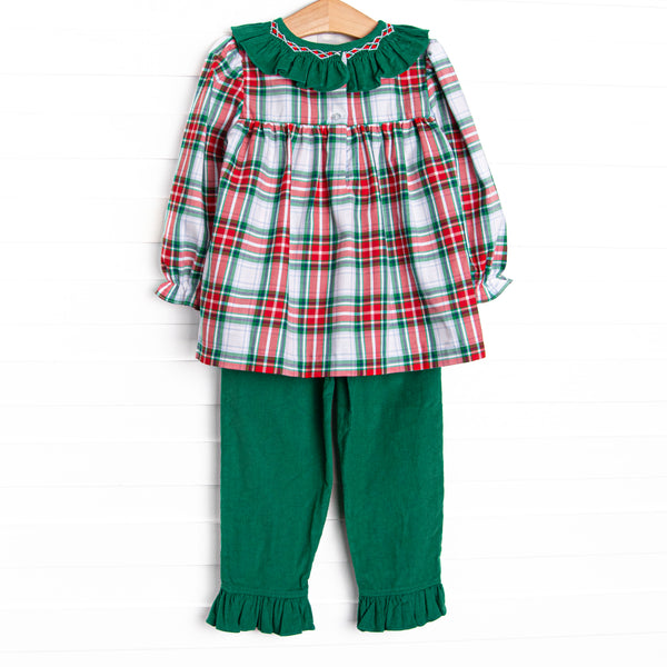Yuletide Classic Smocked Ruffle Pant Set, Green