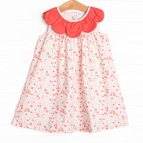 Petals and Poppies Scalloped Dress, Red
