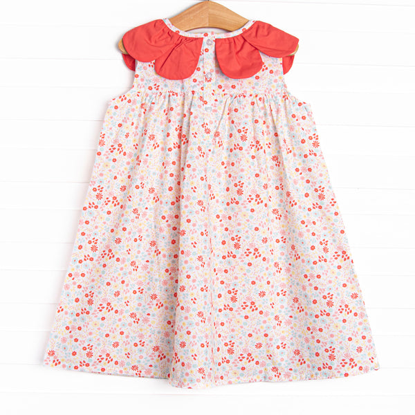 Petals and Poppies Scalloped Dress, Red
