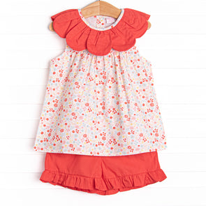 Petals and Poppies Scalloped Ruffle Short Set, Red