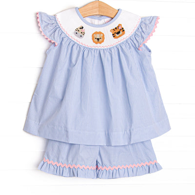 Savanna Stripes Smocked Ruffle Short Set, Blue