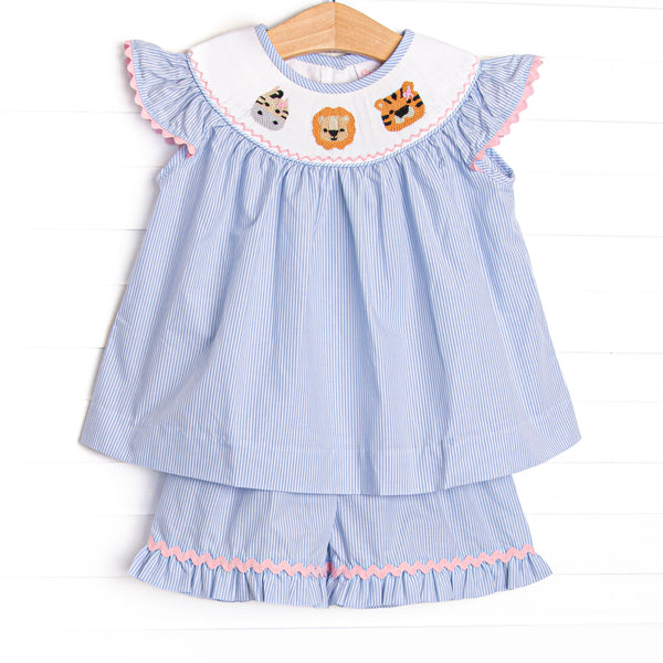 Savanna Stripes Smocked Ruffle Short Set, Blue