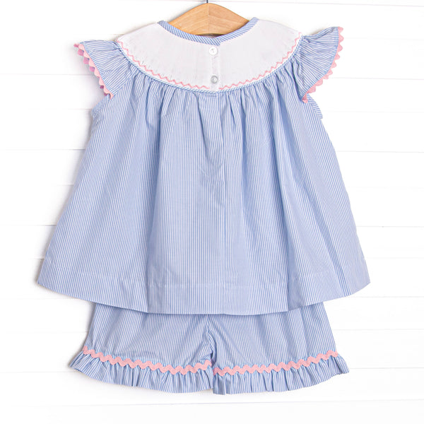 Savanna Stripes Smocked Ruffle Short Set, Blue