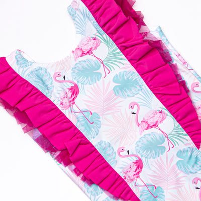 Palm Frond Flamingo One Piece, Blue