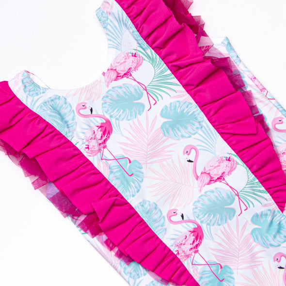 Palm Frond Flamingo One Piece, Blue