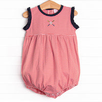 At the Ballpark Pima Embroidered Ruffle Bubble, Red Stripe