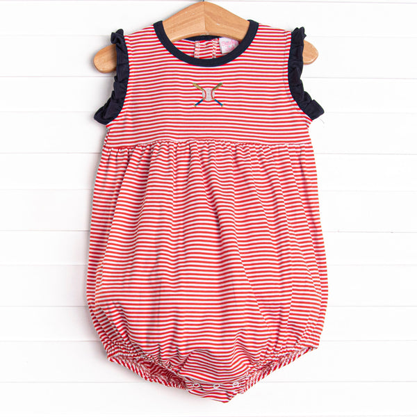 At the Ballpark Pima Embroidered Ruffle Bubble, Red Stripe