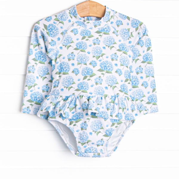 Beachside Blooms Long Sleeve One Piece Rash Guard, Blue