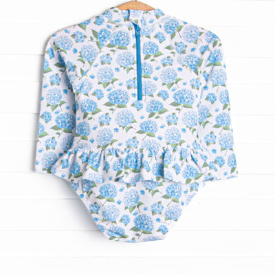 Beachside Blooms Long Sleeve One Piece Rash Guard, Blue