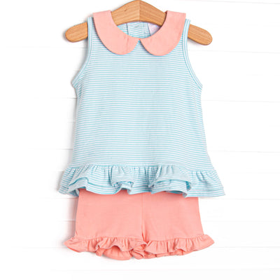 Alana Ruffle Short Set, Peach and Aqua Stripe