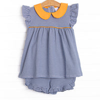 The set features a precious peter pan collar, navy blue stripes, and breathable knit material.