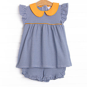 Pippa Ruffle Short Set, Orange and Navy Stripe