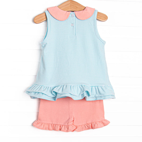 Alana Ruffle Short Set, Peach and Aqua Stripe