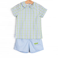 Bleu: Brixton Bay Embroidered Short Set, Blue and Green Plaid