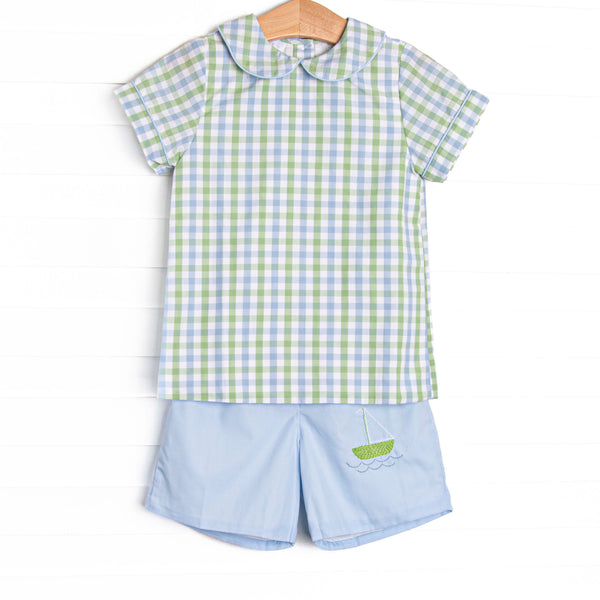 Bleu: Brixton Bay Embroidered Short Set, Blue and Green Plaid