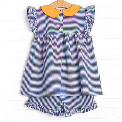 Pippa Ruffle Short Set, Orange and Navy Stripe