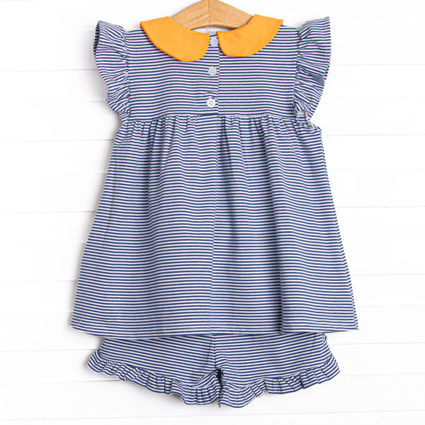 Pippa Ruffle Short Set, Orange and Navy Stripe