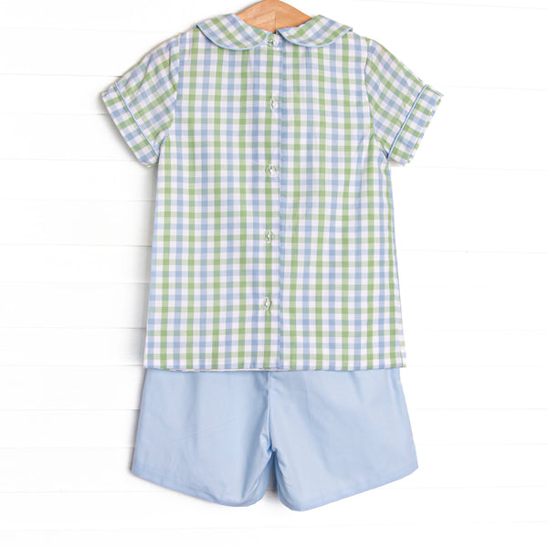 Bleu: Brixton Bay Embroidered Short Set, Blue and Green Plaid