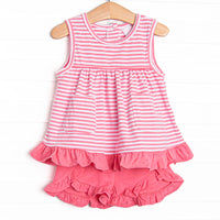 Elle Ruffle Short Set, Medium Pink Stripe