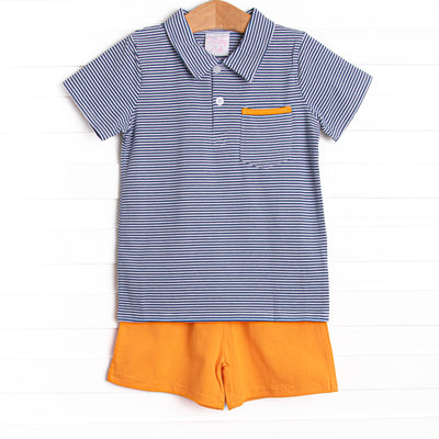 This cozy knit favorite is a staple for every little guy's closet featuring soft knit material, coordinating orange knit shorts, and navy blue stripes.