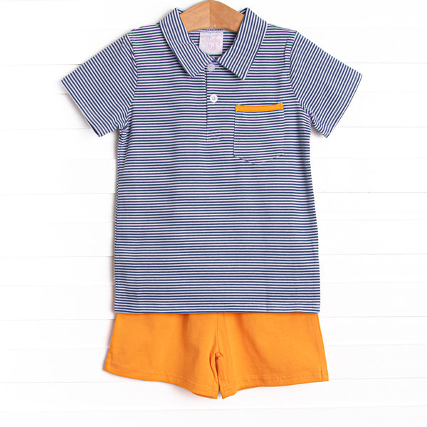 This cozy knit favorite is a staple for every little guy's closet featuring soft knit material, coordinating orange knit shorts, and navy blue stripes.