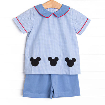 Mouseketeer Magic Applique Short Set, Blue Gingham