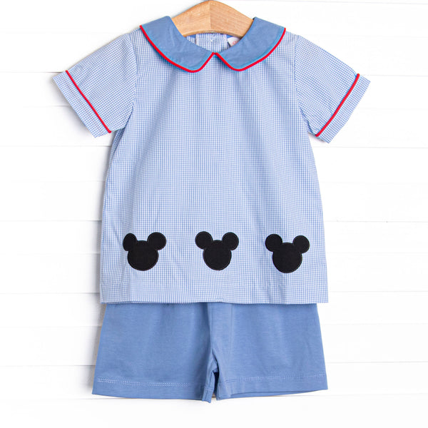 Mouseketeer Magic Applique Short Set, Blue Gingham