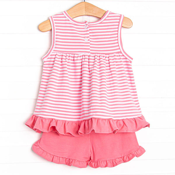 Elle Ruffle Short Set, Medium Pink Stripe