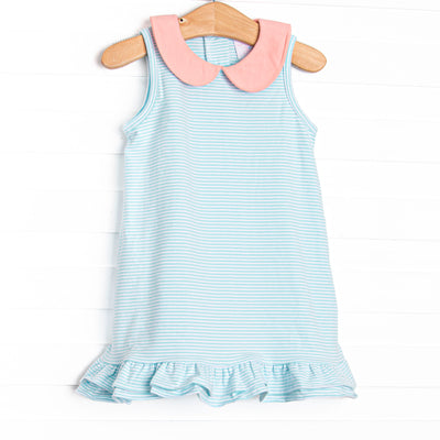 Alana Ruffle Dress, Peach and Aqua Stripe