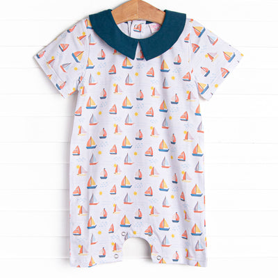 Sunset Sailing Collared Romper, Blue
