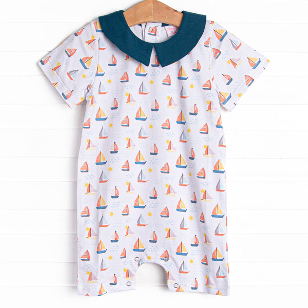 Sunset Sailing Collared Romper, Blue