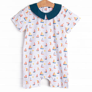 Sunset Sailing Collared Romper, Blue