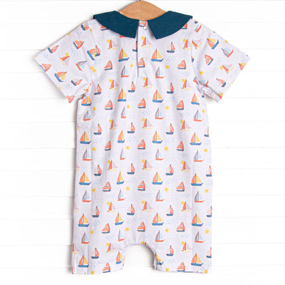 Sunset Sailing Collared Romper, Blue