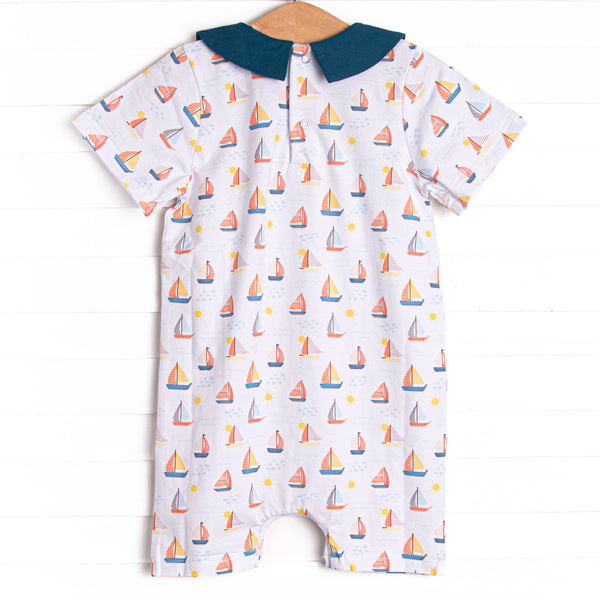 Sunset Sailing Collared Romper, Blue