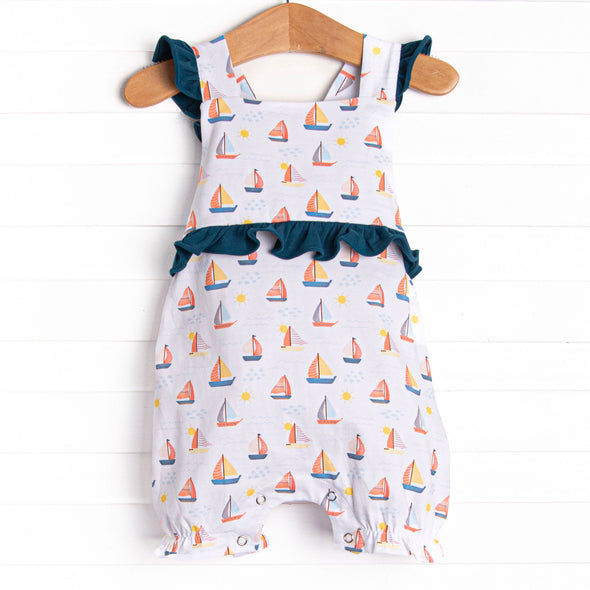 Sunset Sailing Ruffle Romper, Blue