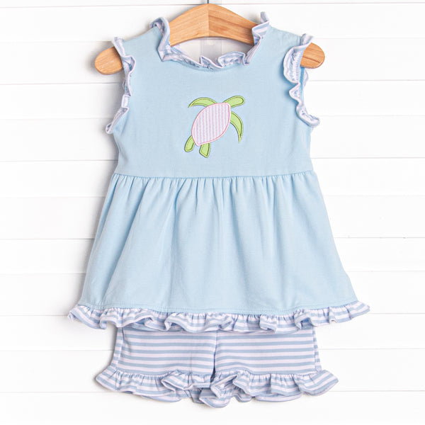 Sea Surfer Applique Ruffle Short Set, Blue