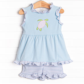 Sea Surfer Applique Ruffle Short Set, Blue