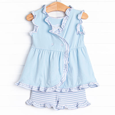 Sea Surfer Applique Ruffle Short Set, Blue