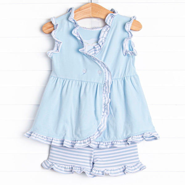 Sea Surfer Applique Ruffle Short Set, Blue