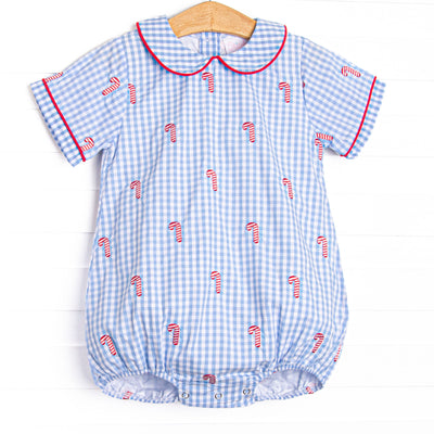  This bubble features a blue gingham print, short sleeves, and candy cane embroideries. 