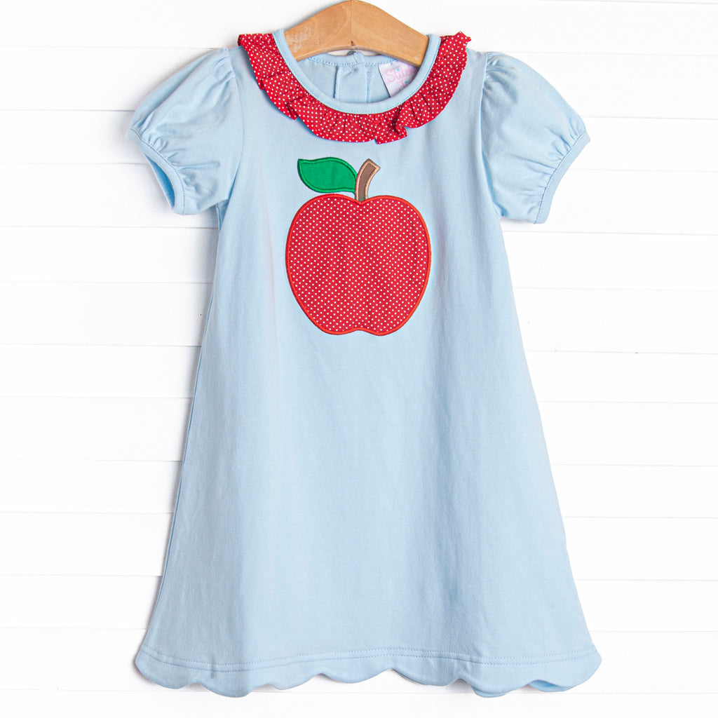 An Apple a Day Applique Dress, Blue and Red – Stitchy Fish