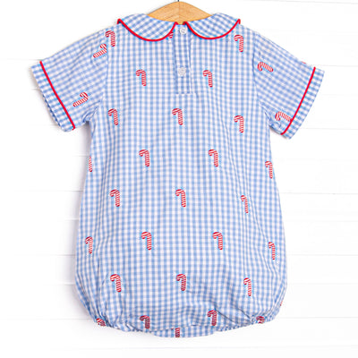 Candy Cane Craze Embroidered Boy Bubble, Blue Gingham