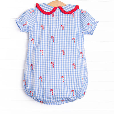 Candy Cane Craze Embroidered Girl Bubble, Blue Gingham