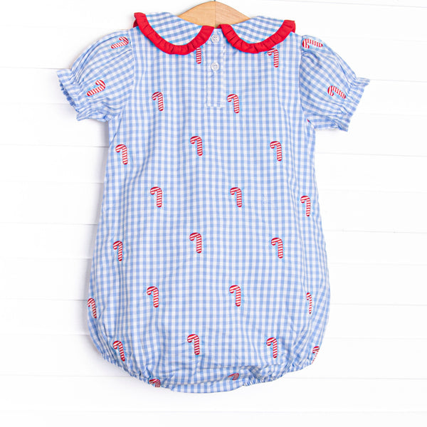 Candy Cane Craze Embroidered Girl Bubble, Blue Gingham