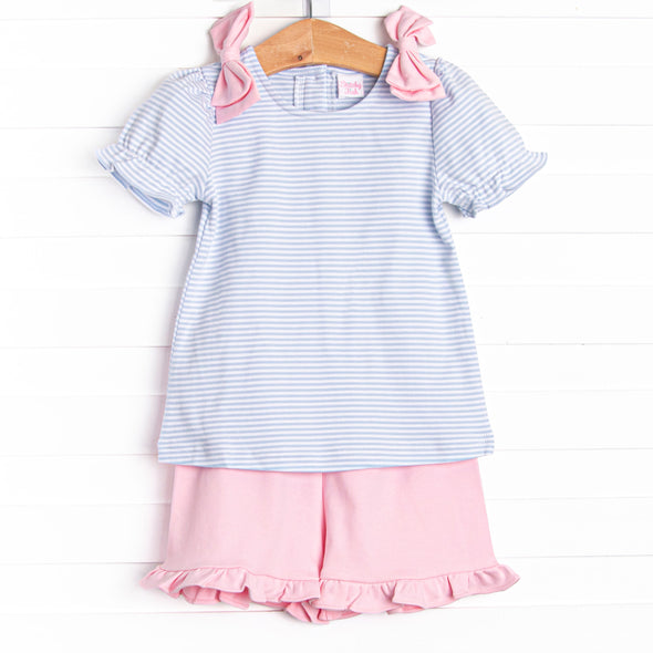 Saddler Pima Ruffle Short Set, Pink and Light Blue Stripe